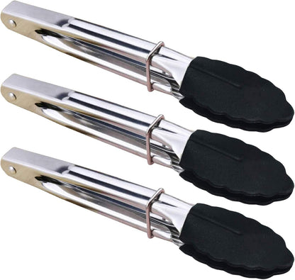 HINMAY Mini Stainless Steel Food Tongs with Silding Rings 7-Inch, Set of 6 | Small Clam Shell Service Tongs for Serving Appetizers, Desserts, Salads, Barbecue and Cooking (Silver)