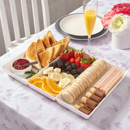 US Acrylic Avant White Plastic Divided Serving Trays (Set of 4) 15” x 5” | Narrow Reusable 3-Section Party Platters | Serve Appetizers, Fruit, Veggies, & Desserts | BPA-Free & Made in USA