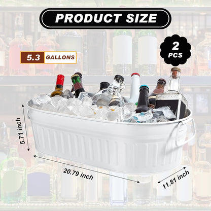 Lallisa 2 Pcs 5.3 gallons Galvanized Beverage Tub Galvanized Bucket Metal Ice and Drink Bucket with Handles Tub for Parties Farmhouse Home Pool Bar (White)