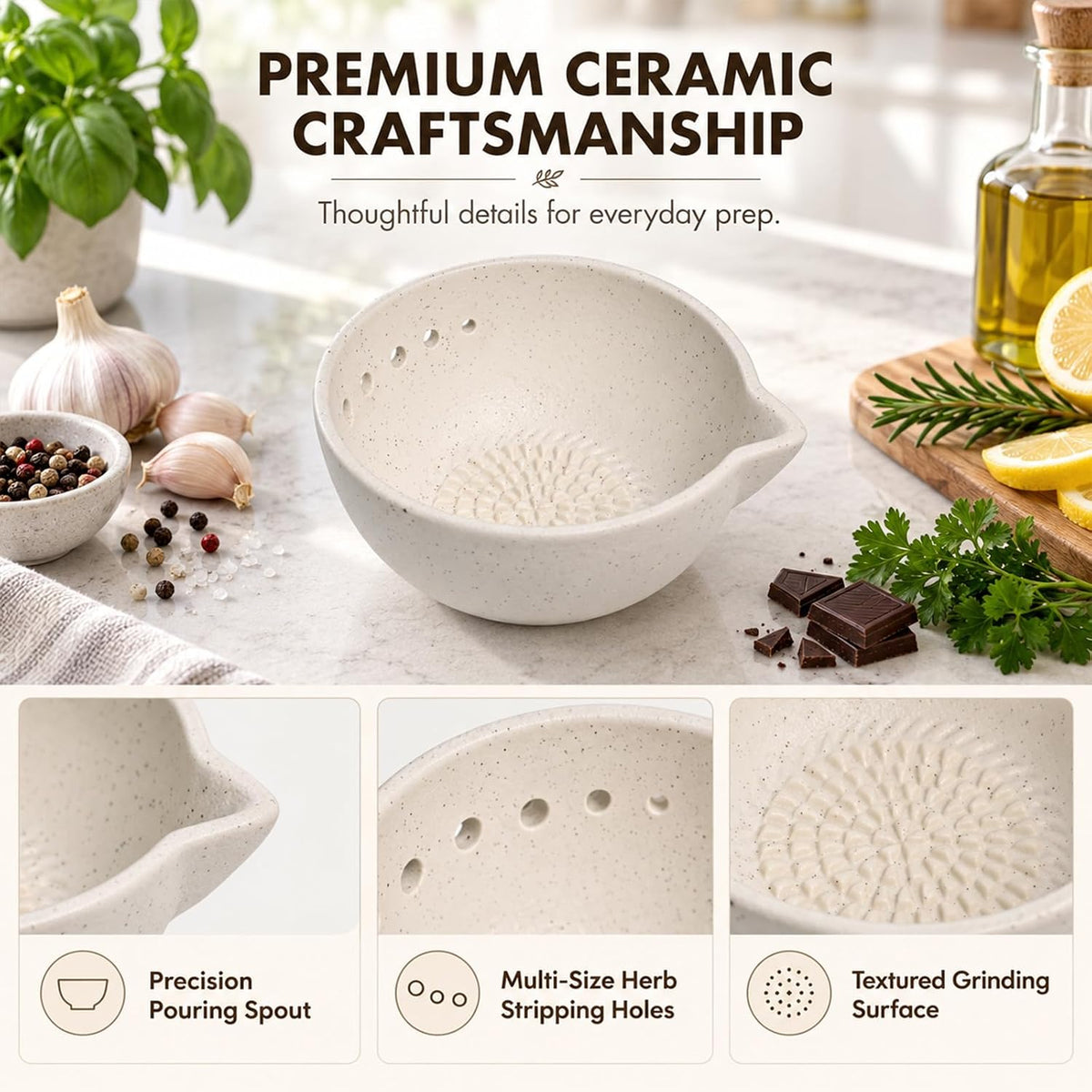 Marble Veins Multi‑Purpose Ceramic Prep Bowl with Herb Stripper Hole