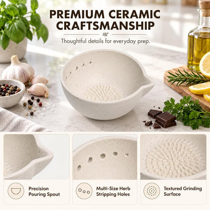 Marble Veins Multi‑Purpose Ceramic Prep Bowl with Herb Stripper Hole