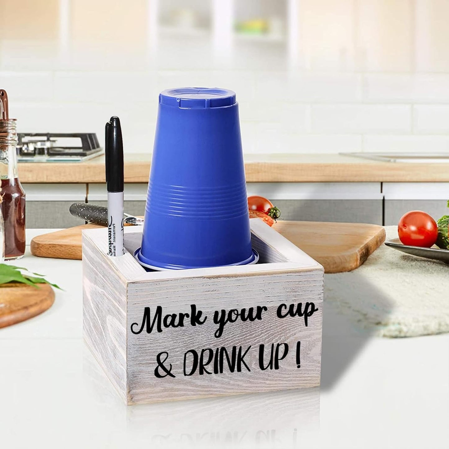 Wooden Cup Holder with Marker Slot, Disposable Plastic Party Cup Organizer for Holiday Gatherings - Hosting Essential to Mark Your Cup & Drink Up, Prevent Mix-Ups, Reduce Waste