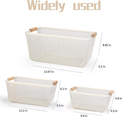 Wire Basket, 3 Pack Metal Mesh Pantry Basket with Wooden Handle for Organizing, 3 Sizes Black Wire Steel Bins Pantry Organizers and Storage, Kitchen Fruit Containers for Shelves Cabinets Organization