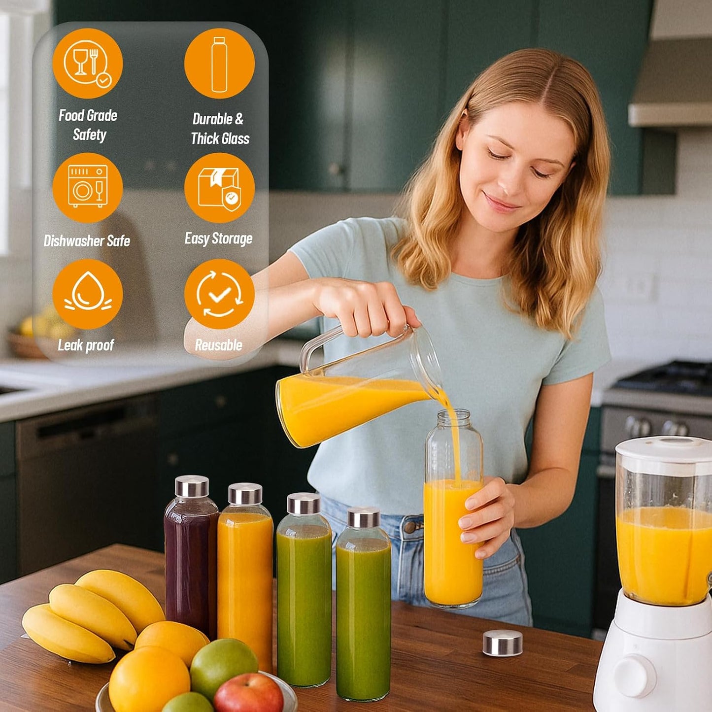 Glass Juice Bottles with Lids 10 oz, 6 Pack Reusable Small Glass Bottles with Stainless Steel Caps & Straws, BPA-Free Leak proof Juice Bottle Containers for Juicing, Milk, Smoothies & Fridge