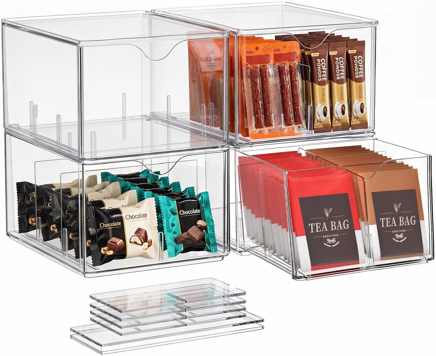 4 Pack Clear Tea Bag Organizers with Adjustable Dividers, Stackable Tea Drawer Organizer Box for Pantry, Coffee Bar, Kitchen Cabinet, Acrylic Food Storage Bins for Snacks, Sugar & Spice Packets