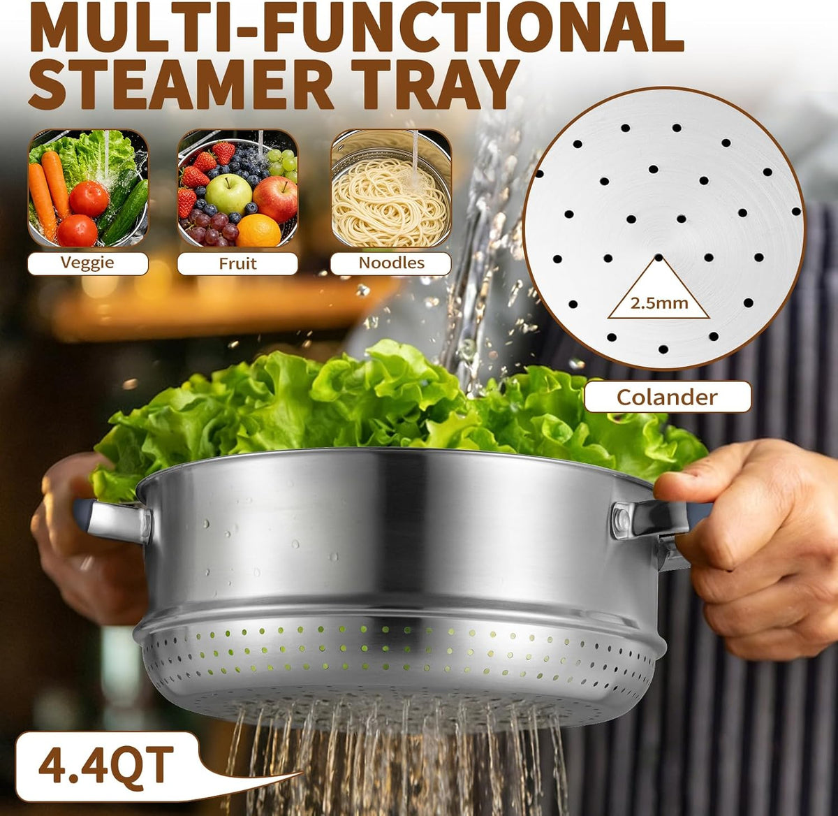 GOLDEN KEY 3.2 QT Steamer Pot With Lid - 2-Tier 18/8 Stainless Steel，Multipurpose Steaming Cookware with Vegetable Steam Basket, Oven & Dishwasher Safe, Triple Bottom for Even Heating, Perfect for Dumplings, Seafood and Vegetables
