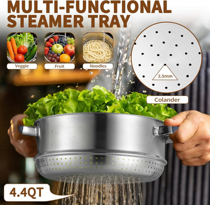 GOLDEN KEY 3.2 QT Steamer Pot With Lid - 2-Tier 18/8 Stainless Steel，Multipurpose Steaming Cookware with Vegetable Steam Basket, Oven & Dishwasher Safe, Triple Bottom for Even Heating, Perfect for Dumplings, Seafood and Vegetables