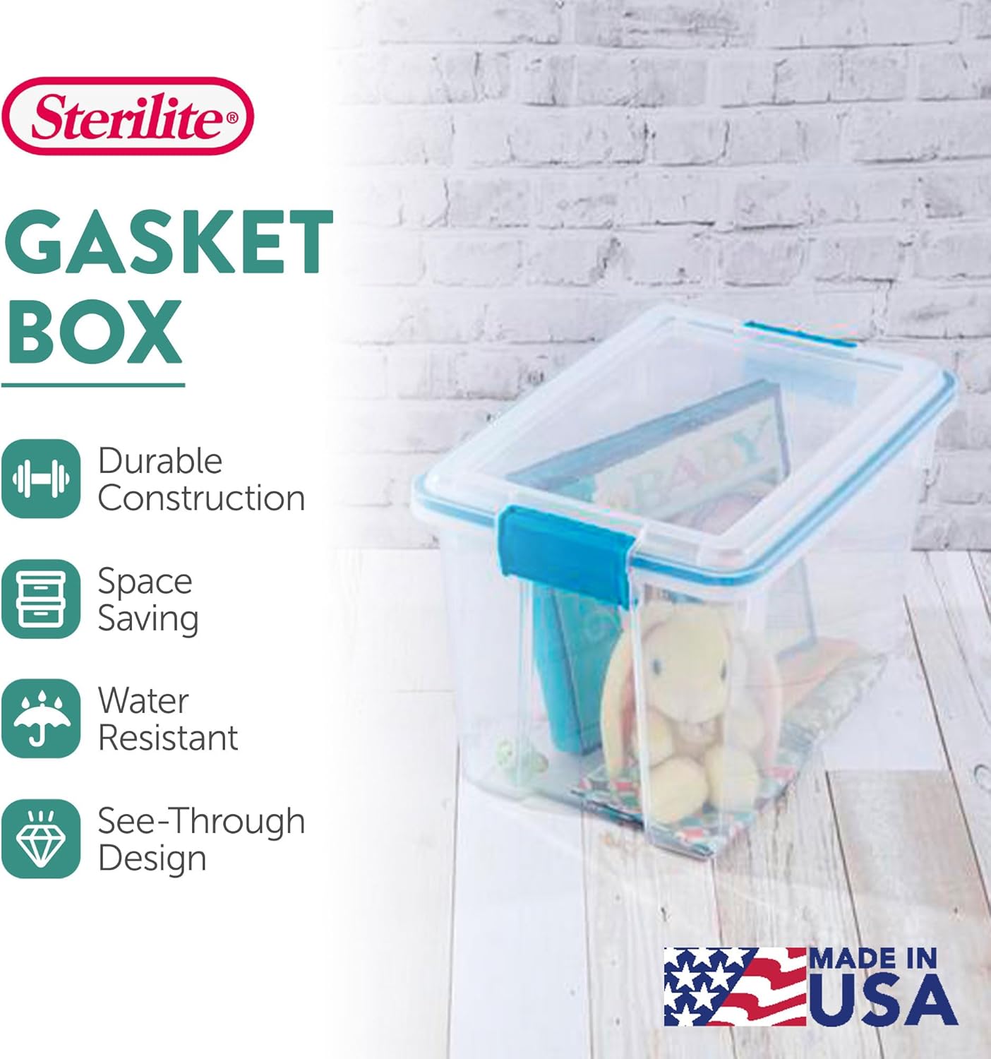 Sterilite 80 Qt Gasket Box, Stackable Storage Bin with Latching Lid and Tight Seal, Plastic Container to Organize Basement, Clear Base and Lid, 1-Pack