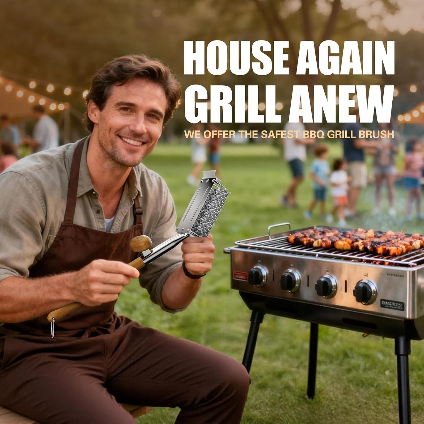 HOUSE AGAIN Grill Brush Bristle Free, 304 Stainless Steel Food-Grade Brush Head with Scraper, Safe BBQ Outdoor Grill Cleaning Brush Strong Barbecue Brush Cleaner Non Wire for Grill Grate/Wooden Handle