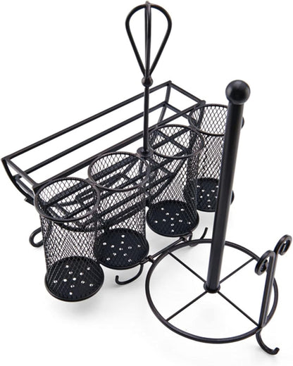 Mikasa Gourmet Basics Avilla Picnic Caddy, Antique Black Finish, Paper Plate Organizer with Flatware Canisters and Paper Towel Spindle, 15 x 14 x 13 in