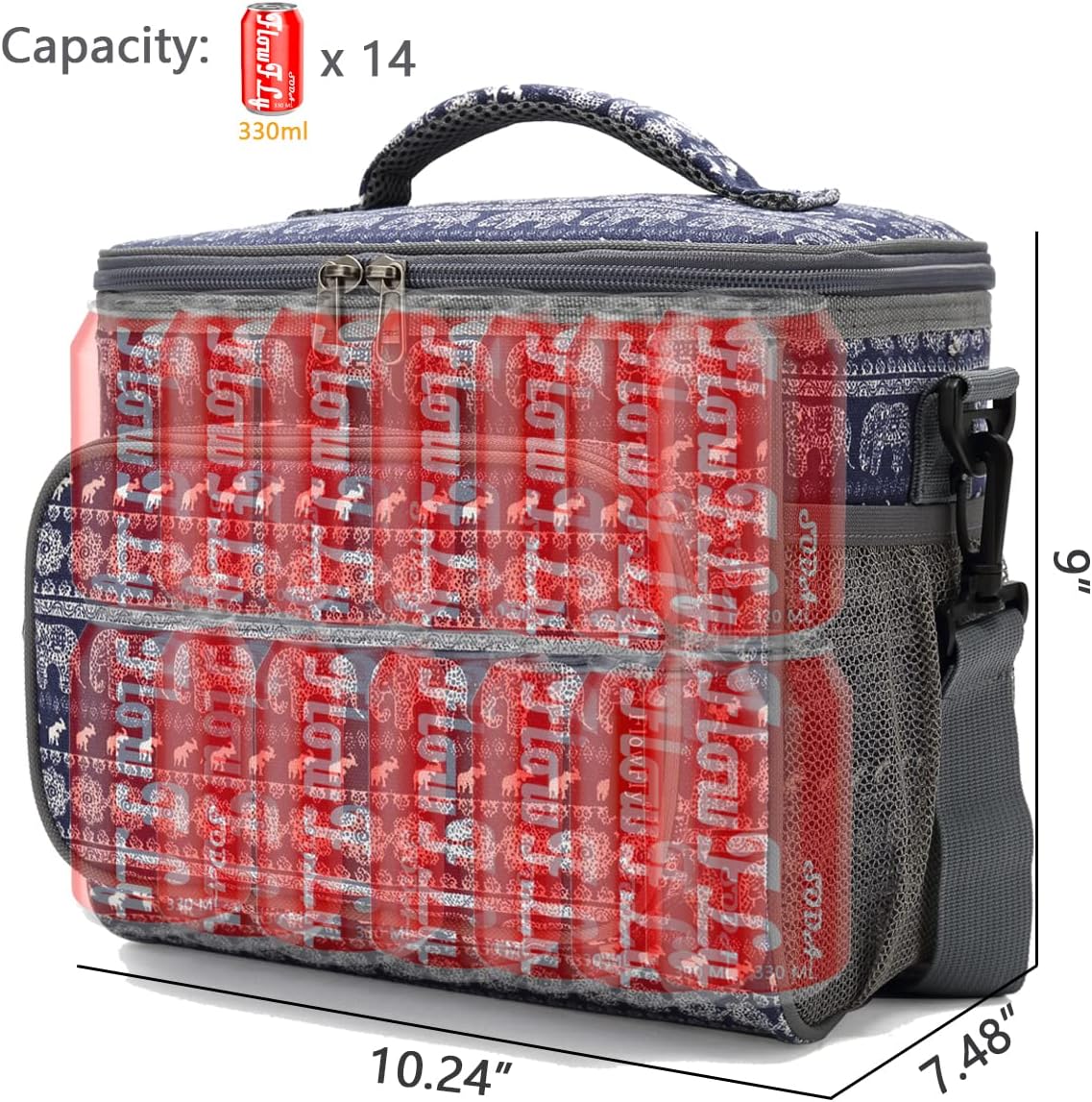 FlowFly Insulated Reusable Lunch Bag Adult Large Lunch Box for Women and Men with Adjustable Shoulder Strap,Front Zipper Pocket and Dual Large Mesh Side Pockets,Cherry - Colors A