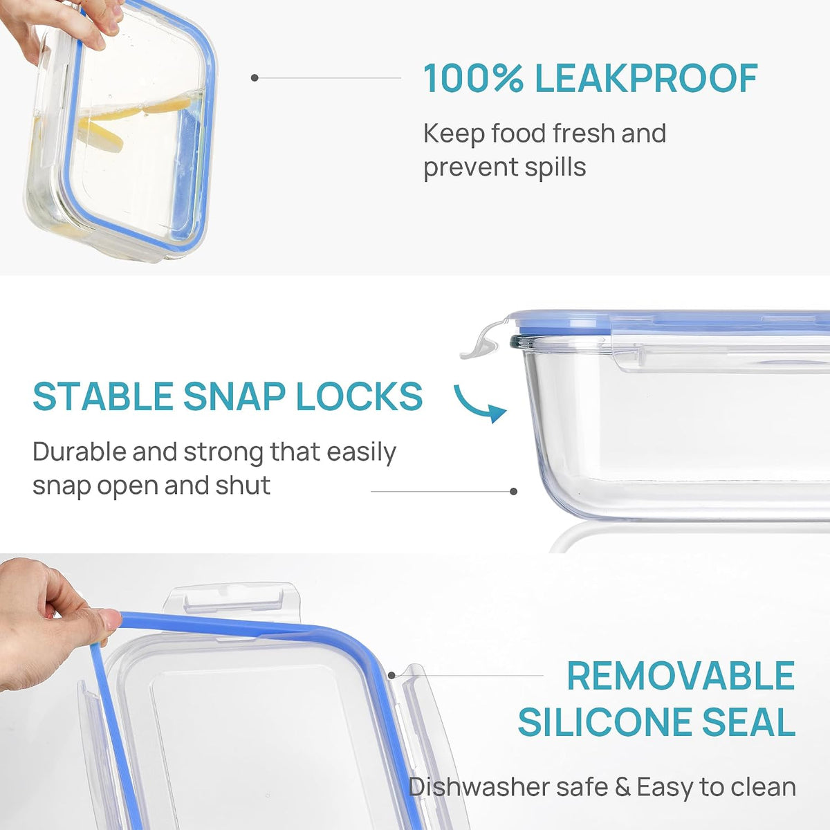 Vtopmart 2Pack 1860ml/63oz Large Glass Storage Containers with Lids, Meal Prep Food Container Set with Snap Airtight Lid for Baking, Microwave, Oven, Leak Proof, for Freezer, Dishwasher, Grey