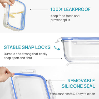 Vtopmart 2Pack 1860ml/63oz Large Glass Storage Containers with Lids, Meal Prep Food Container Set with Snap Airtight Lid for Baking, Microwave, Oven, Leak Proof, for Freezer, Dishwasher, Grey