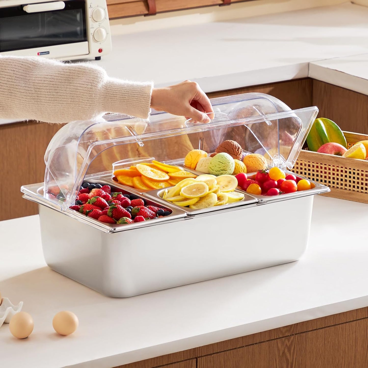 VEVOR Chilled Condiment Server Caddy, 5 Compartment Ice Cooled Serving Container, Plastic Fruit Garnish Tray Platter with Lid, for Taco Salad Bar Accessories, Party Home Restaurant Supplies