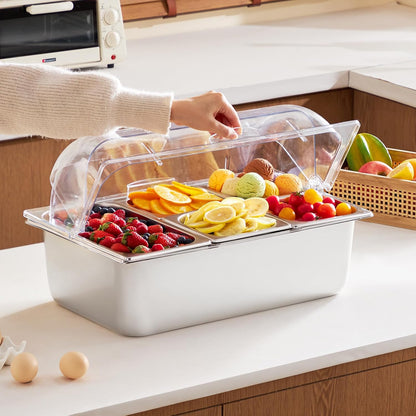 VEVOR Chilled Condiment Server Caddy, 5 Compartment Ice Cooled Serving Container, Plastic Fruit Garnish Tray Platter with Lid, for Taco Salad Bar Accessories, Party Home Restaurant Supplies