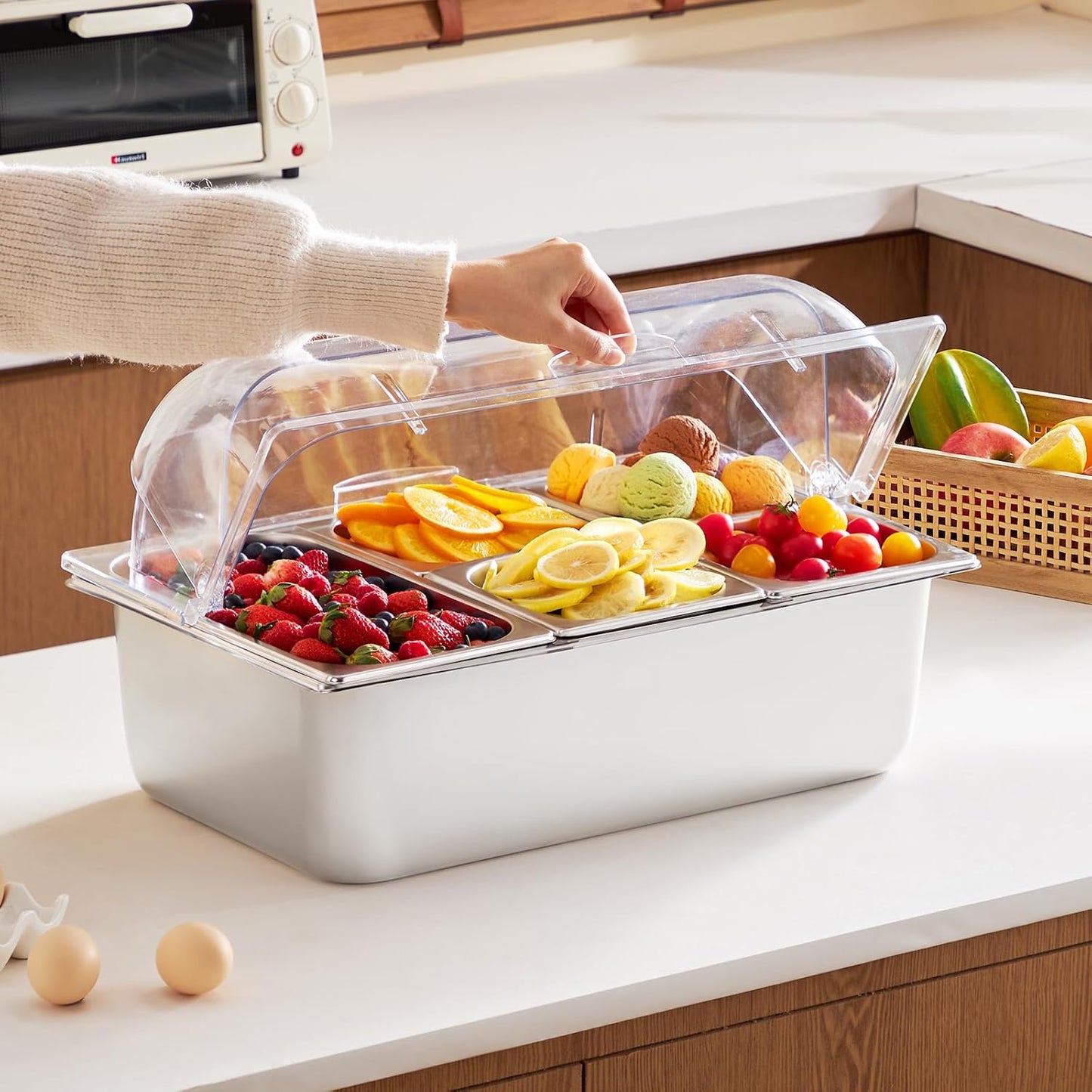 VEVOR Chilled Condiment Server, 4 Compartment Ice Cooled Condiment Serving Container, Chilled Garnish Tray Bar Caddy with Lid, for Bartending & Serving Taco, Salad, Fruit, Home & Restaurant Supplies
