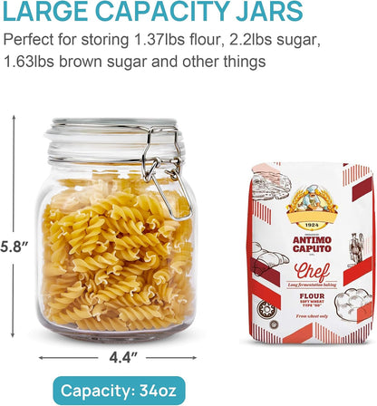 Vtopmart 78oz Glass Food Storage Jars with Airtight Clamp Lids, 3 Pack Large Kitchen Canisters for Flour, Sugar, Cereal, Coffee, Pasta and Canning, Square Mason Jars with 8 Reusable Labels