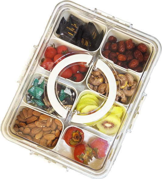 Divided Clear Snack Serving Tray with Lid & Handle, 8 Compartments Snackle Box Charcuterie Board Container Storage Organizer for Fruit Candy Veggie Snacks, Perfect for Travel Picnic, 2PCS