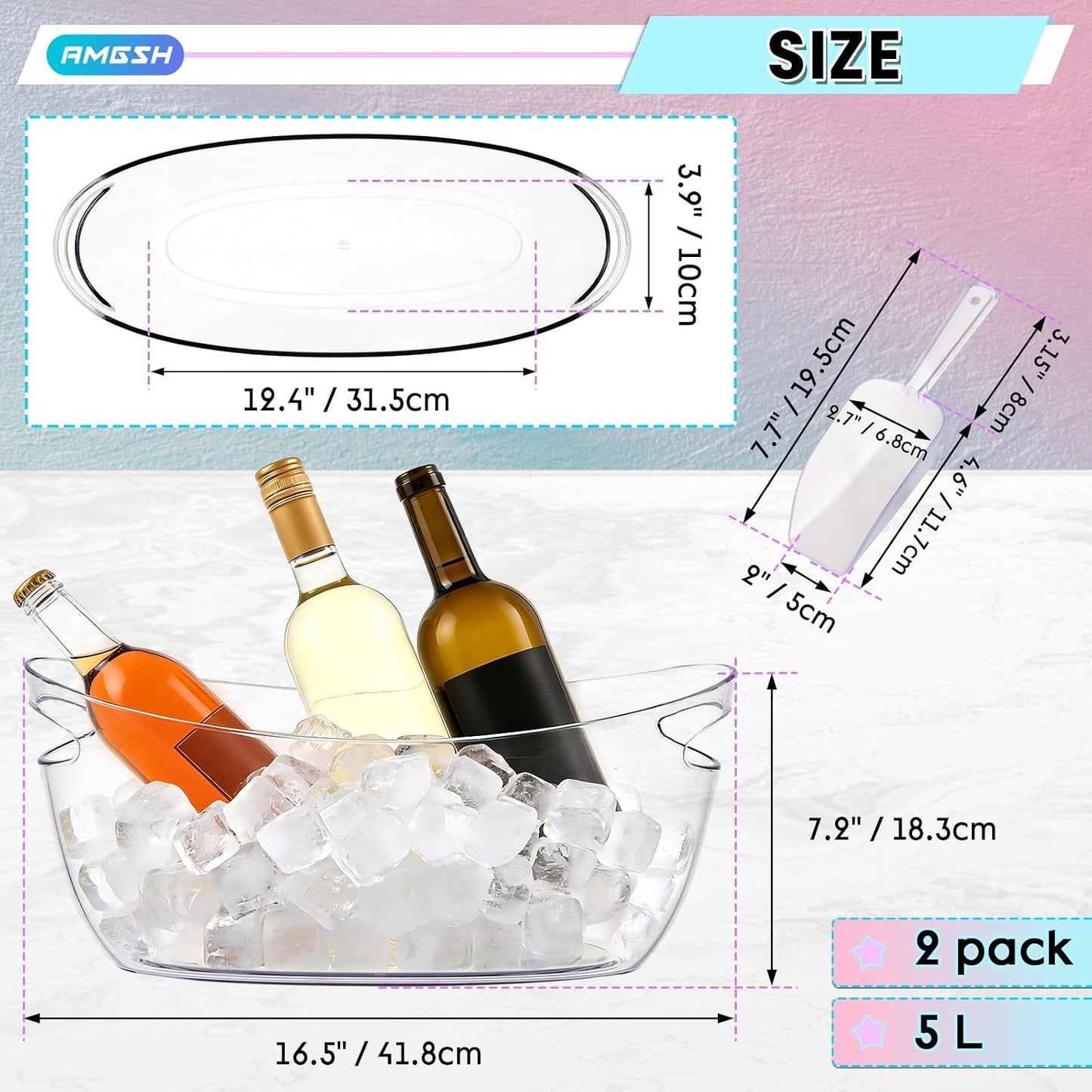 2 Pcs Ice Bucket, 5L Beverage Tub with Scoops, Clear Ice Buckets for Parties, Portable Drink Cooler for Cocktail Bar, Champagne Bucket for Beverage/Wine/Beer, Mimosa Bar Supplies Chiller Tub
