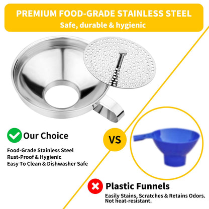 Stainless Steel Canning Funnel with Strainer, 3 Piece Wide & Regular Mouth Jar Funnels Set, Large & Small Metal Funnels with Detachable Umbrella Strainer, for Mason Jars, Jam, Liquids, Dry Goods