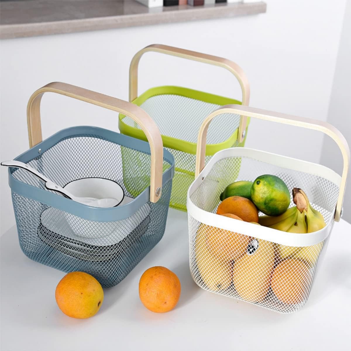 Mesh Steel Storage Organizer Basket Fruit Basket Bin with Wood Handle Ideal for Kitchen Bathroom Picnic Baskets Pantry Cabinets Storage Home Decor (White)