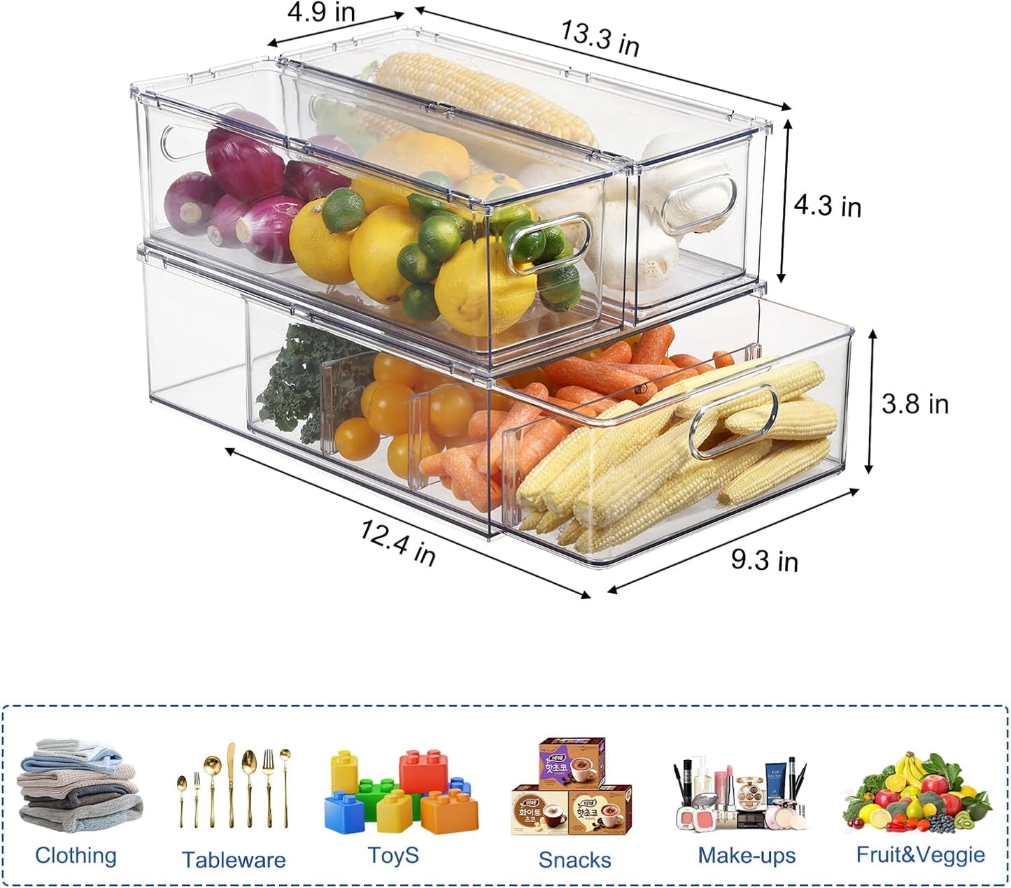 Fridge Organizers and Storage Pull Out Drawer, 2 Small | Stackable, Clear, Fruit and Veggies Containers, for Kitchen, Cabinet