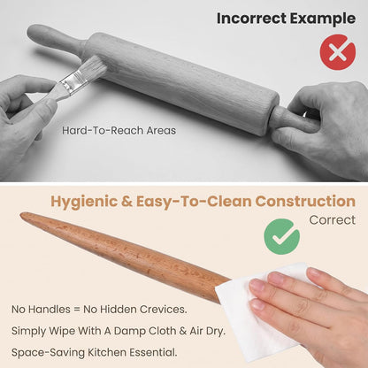 12.6 Inch French Rolling Pin, Tapered Solid Beechwood Dough Roller