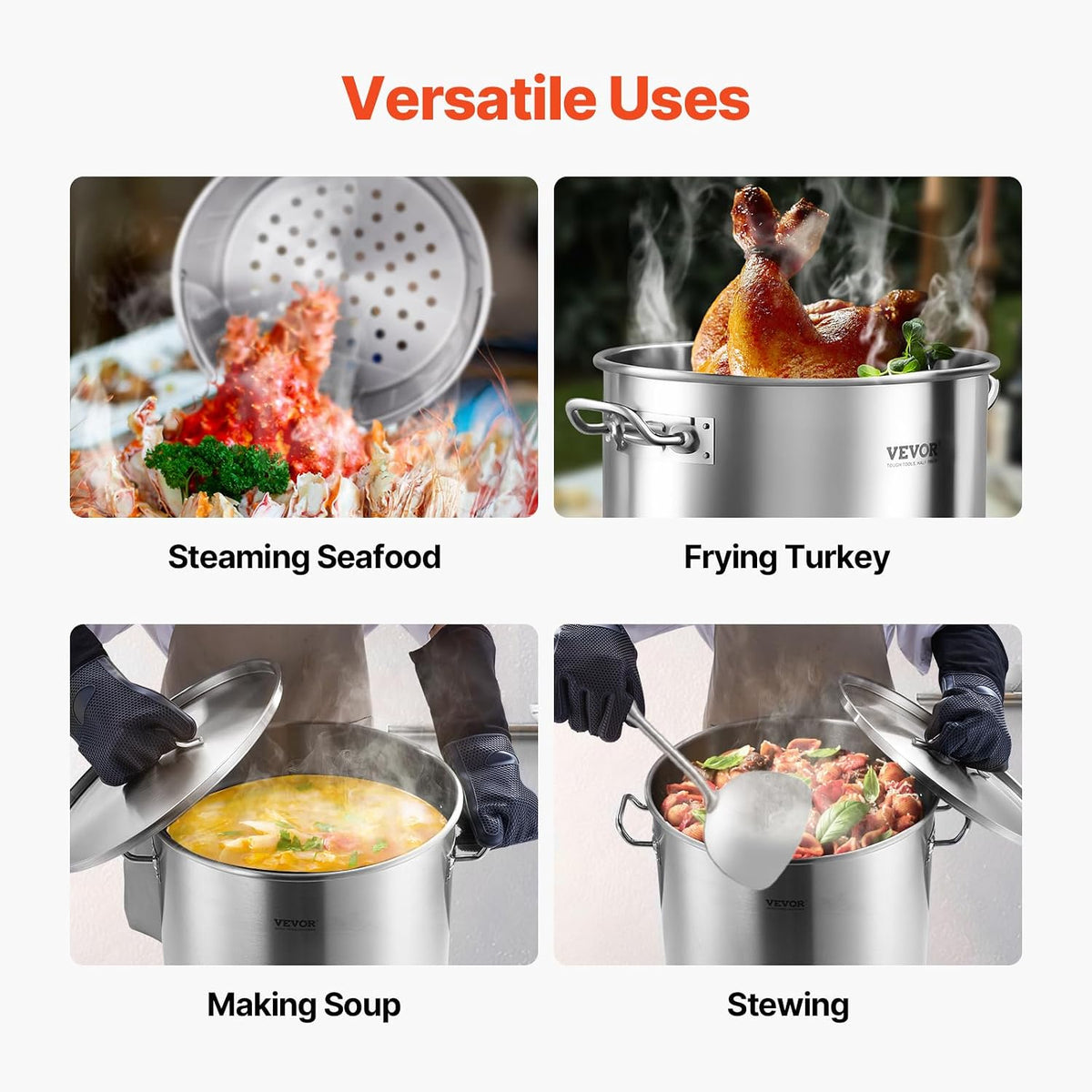 VEVOR Stainless Steel Stockpot, 42 Quart Large Cooking Pots, Cookware Sauce Pot with Strainer, Lid, and Handle, Heavy Duty Commercial Grade Stock Pot, Sanding Treatment, for Large Groups Events Silver
