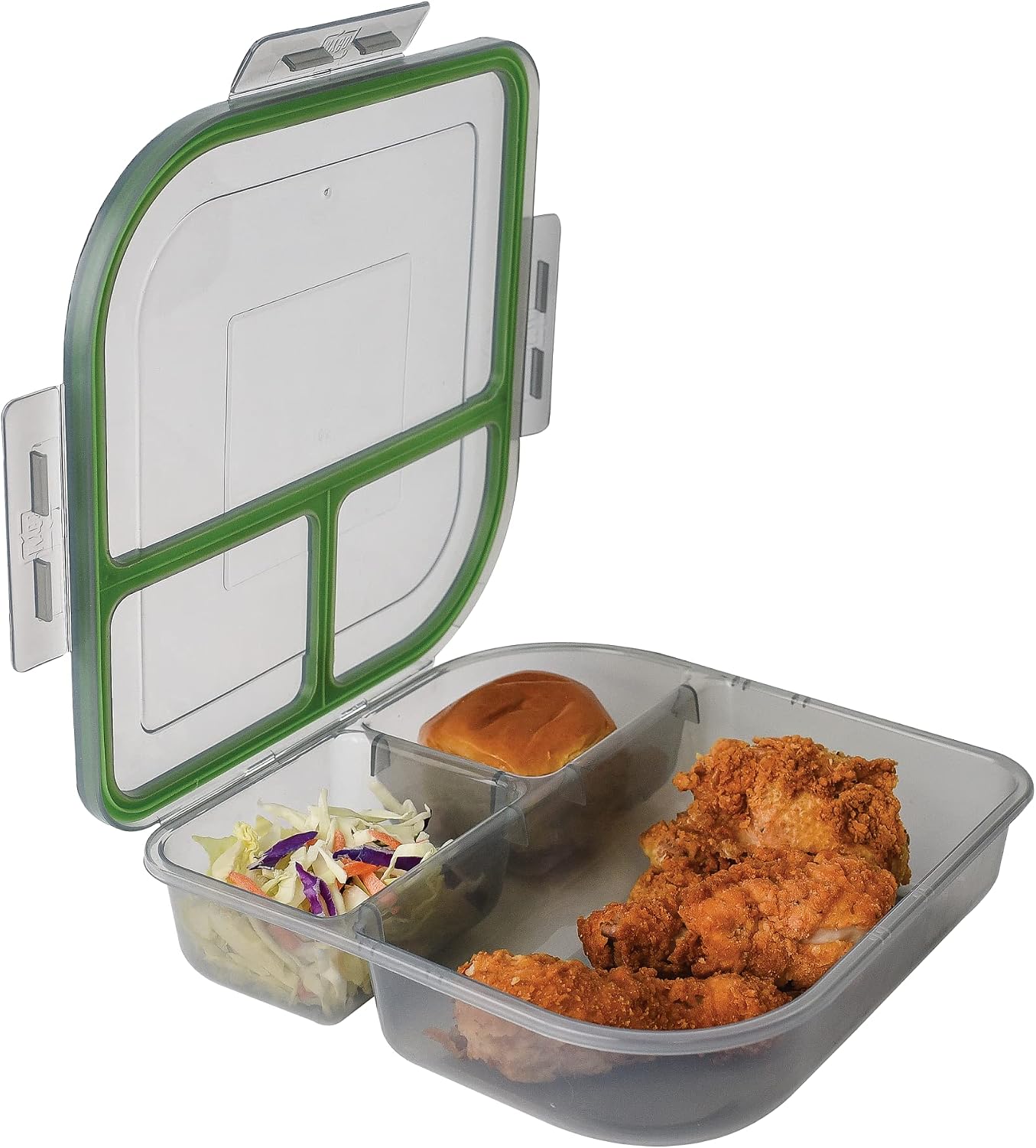 MyGo Container Large To-Go 3-Compartment Food Containers, Pack Of 3, 9-3/8" X 9-3/8" X 2-1/2", Reusable, Microwave Safe, NSF Certified, Smoke/Green