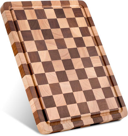 Checkered Cutting Board Set for Kitchen - 3 PCS Solid Wood End Grain Checkerboard Chopping Board with Holder & Juice Groove, Wooden Cutting Boards for Meat, Vegetables, Fruits (S, M, L)