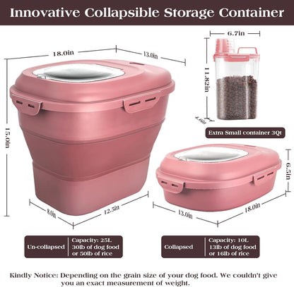 TIOVERY Dog Food Storage Container, Airtight Collapsible 13lb to 30lb Pet Food Container with Flip Top, Rolling Wheel, Scoop and 3L small container for Dog Cat Food and Dry Food of Rice, Flour