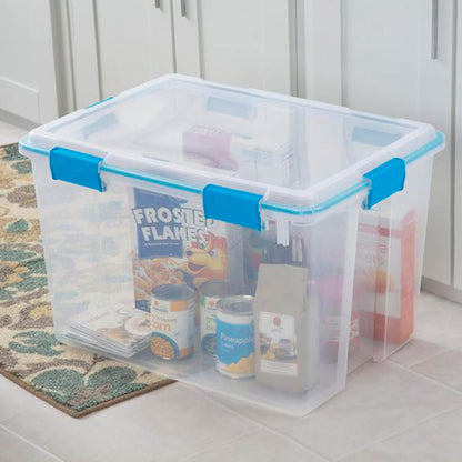 Sterilite 80 Qt Gasket Box, Stackable Storage Bin with Latching Lid and Tight Seal, Plastic Container to Organize Basement, Clear Base and Lid, 1-Pack