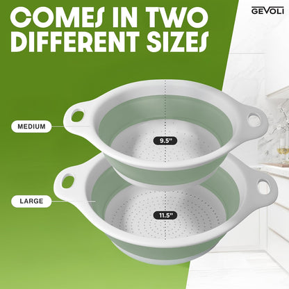 Collapsible Colanders (2 Pack Set) Food Strainers with Over-Sink Water Draining Base for Pasta Fruits and Vegetables (4 and 5 Quart) - White Beige