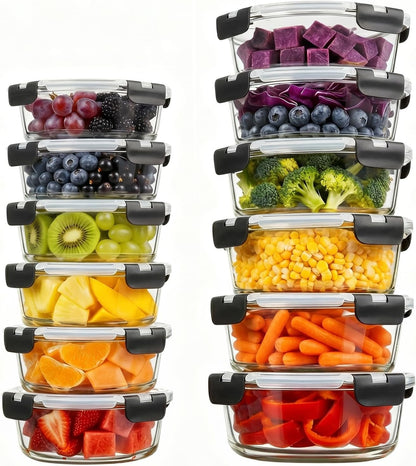 Konokyo Square Glass Food Storage Containers with Lids, 12 Pack Airtight Leakproof Meal Prep Containers, BPA-Free, Microwave Oven Freezer & Dishwasher Safe, Assorted Sizes