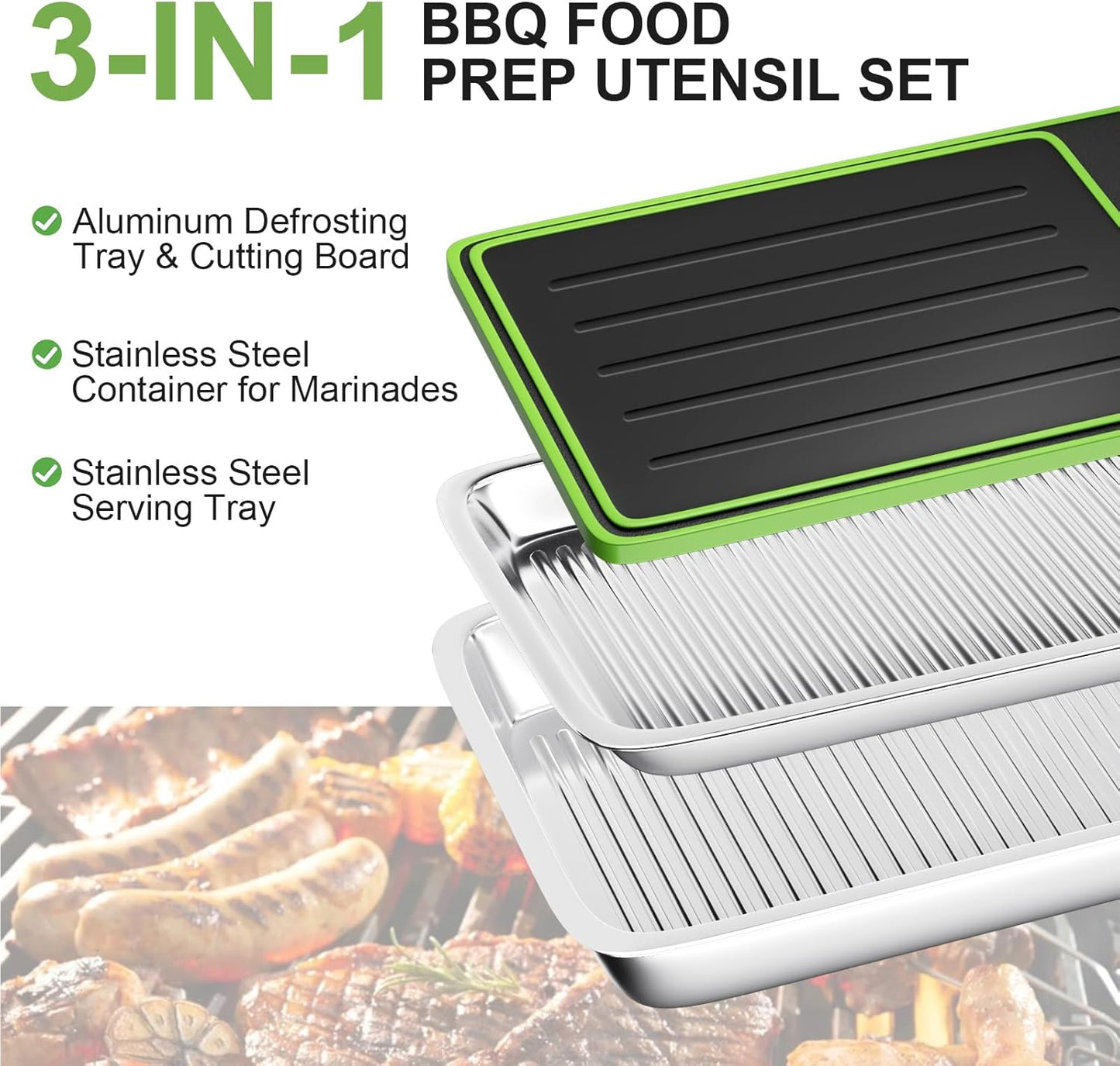 Grilling Prep and Serve Trays, 4 in 1 Stackable Stainless Steel BBQ Food Prep Trays with Cutting Board, Deep Marinating Container, Cooling Rack, Grill Pans BBQ Prep Tub, BBQ Accessories Gift