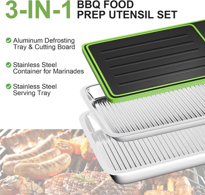 Grilling Prep and Serve Trays, 4 in 1 Stackable Stainless Steel BBQ Food Prep Trays with Cutting Board, Deep Marinating Container, Cooling Rack, Grill Pans BBQ Prep Tub, BBQ Accessories Gift