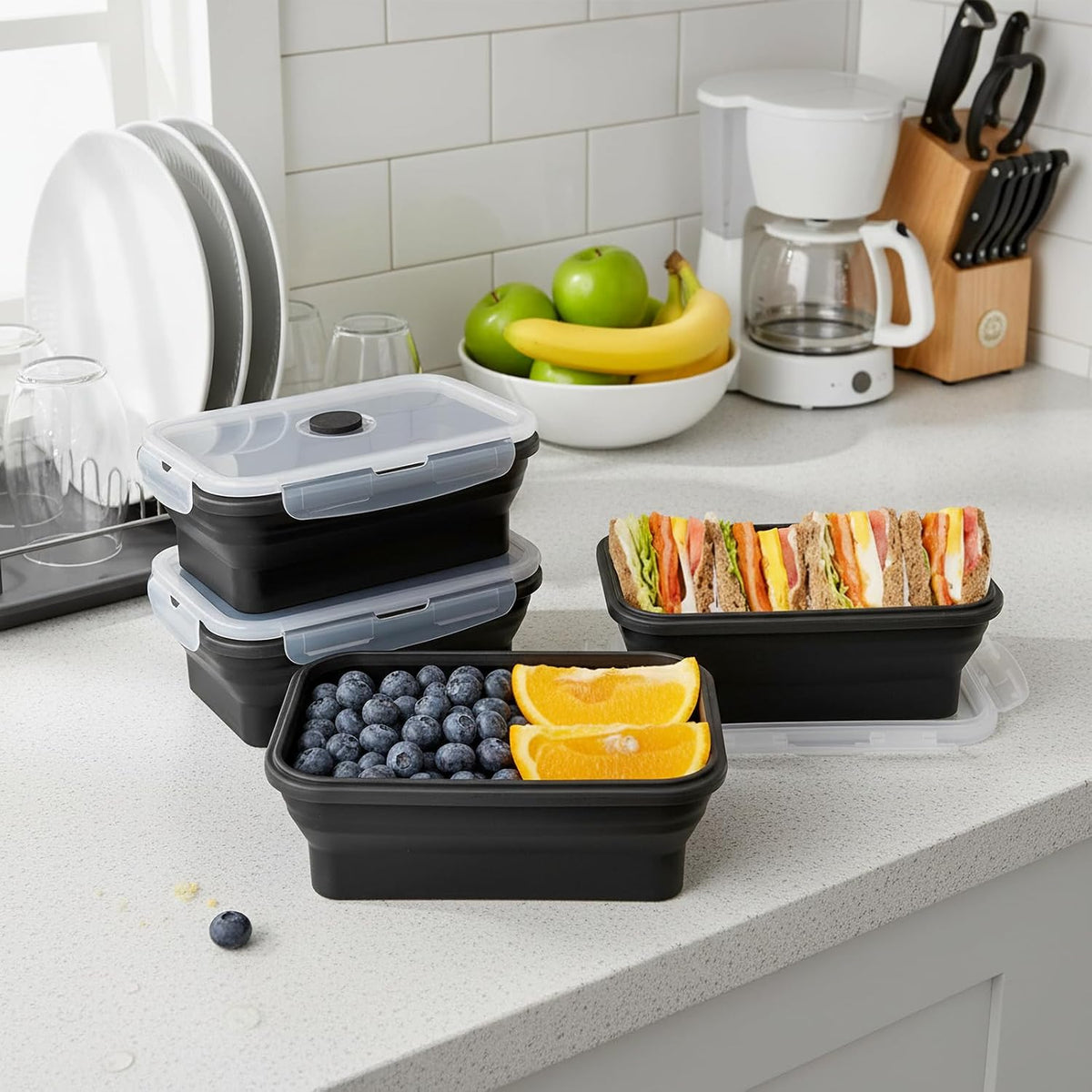 Collapsible Silicone Food Storage Containers Set with Lid & Air Vent,Foldable Lunch Containers(4PCS,Blue,27oz)