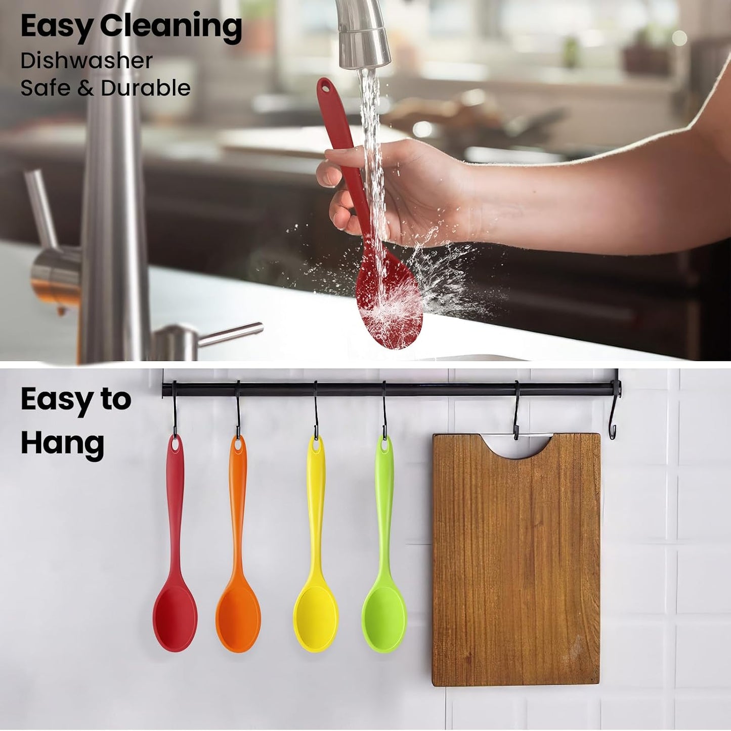 GEEKHOM Silicone Cooking Spoons, 4 Pieces 8" Heat Resistant Silicone Kitchen Utensils Set Serving Stirring Spoons for Non Stick Cooking, Mixing, Basting, Baking, Black+Red+Gray+Blue
