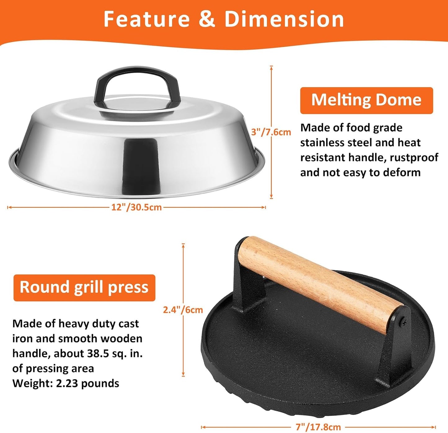 Leonyo Smash Burger Kit, 12" Basting Cover for Griddle, Round Cast Iron Bacon Press Cheese Melting Dome Lid BBQ Accessories for Outdoor Flat Top Grill, Kitchen Cooking