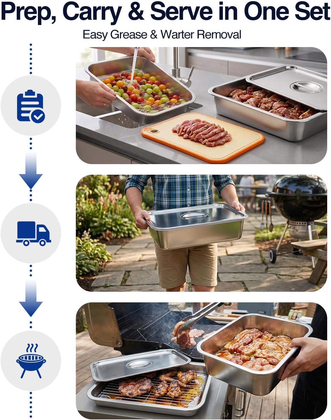 5 in 1 Grill Prep Tray and Carry System, Large Grilling Prep and Serve Trays with Lid and Cutting Board, Deep Meat Marinating Container as BBQ Grilling Gift, Home Series, L
