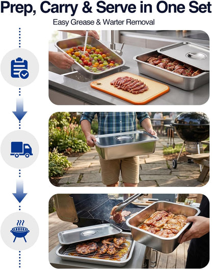 5 in 1 Grill Prep Tray and Carry System, Large Grilling Prep and Serve Trays with Lid and Cutting Board, Deep Meat Marinating Container as BBQ Grilling Gift, Home Series, L