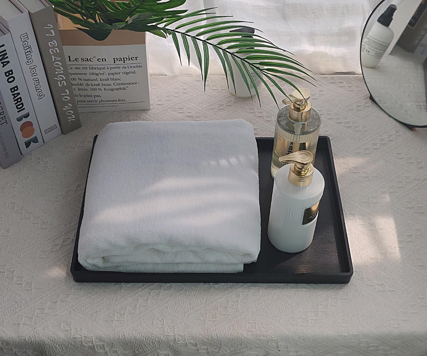 White Serving Tray (13.5 x 9.6 inch) for Serving Accessory, Elegant & Stackable Plastic Tray for Spa, Coffee, Drinks, Tea, Bar, Party, Seasoning, Perfume and Display Use.