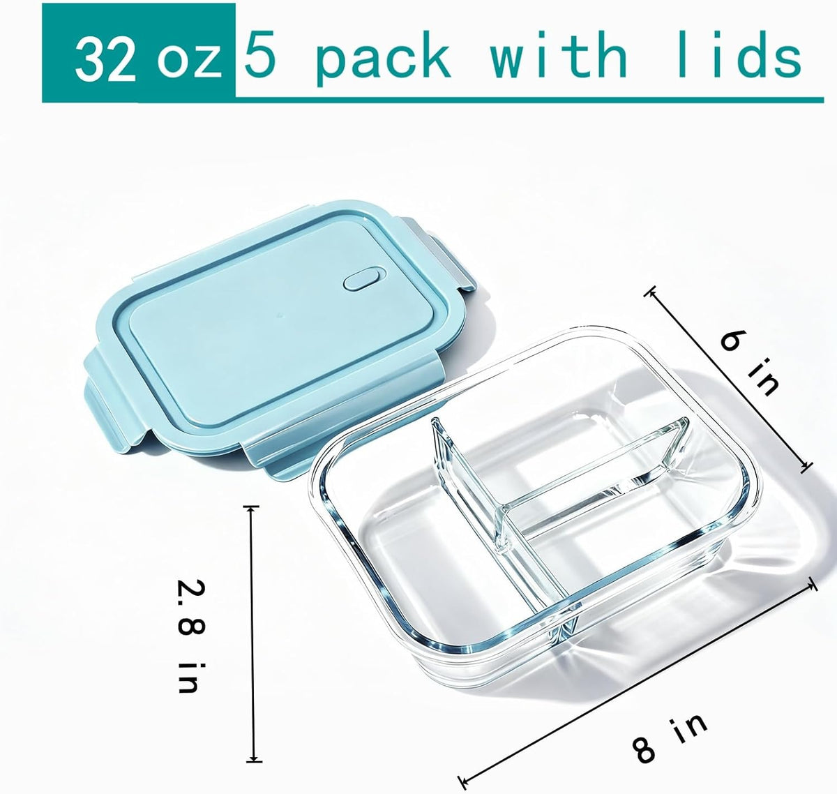 5Pack (32oz-3 Compartments with Lunch Bag) Glass Food Storage Containers with Lids for Kitchen Meal Prep, Fridge Organization, Lunch Box