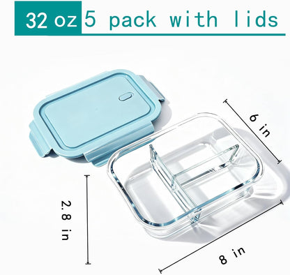 5Pack (32oz-3 Compartments with Lunch Bag) Glass Food Storage Containers with Lids for Kitchen Meal Prep, Fridge Organization, Lunch Box