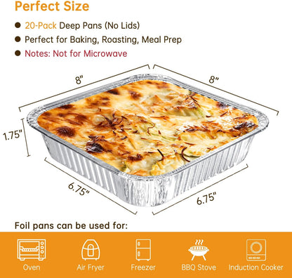 8x8 Aluminum Pans - 20 Pack Disposable Foil Pans, Heavy Duty Square Aluminum Baking & Roasting Trays for Meal Prep, Food Storage, Heating & Party Serving