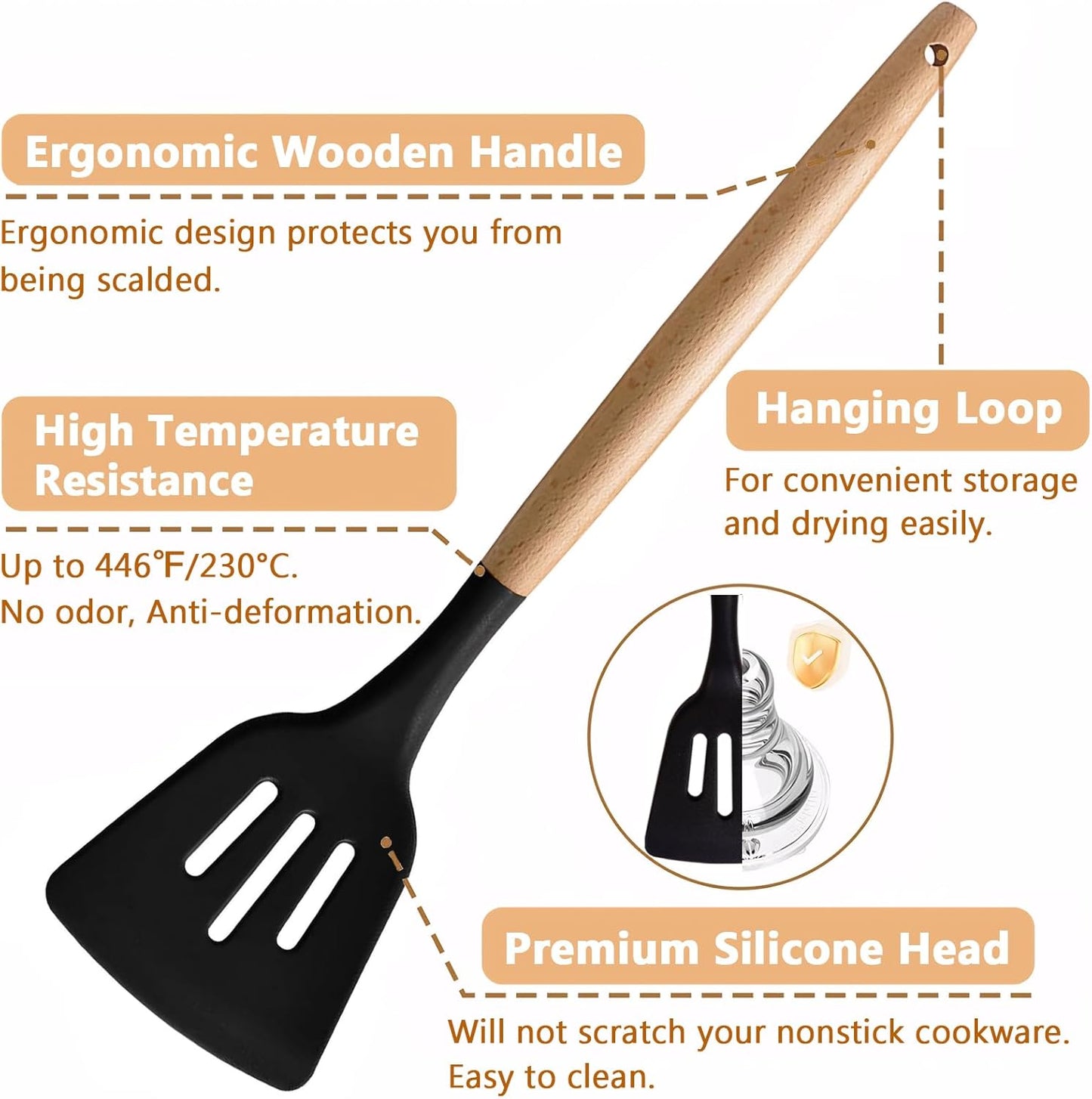 Kitchen Cooking Utensils Set, 6Pcs Silicone Kitchen Utensils Set Spatula Spoon Soup Ladle Turner, Heat Resistant Wooden Handle Silicone Cooking Gadgets for Nonstick Cookware & Baking BPA FREE