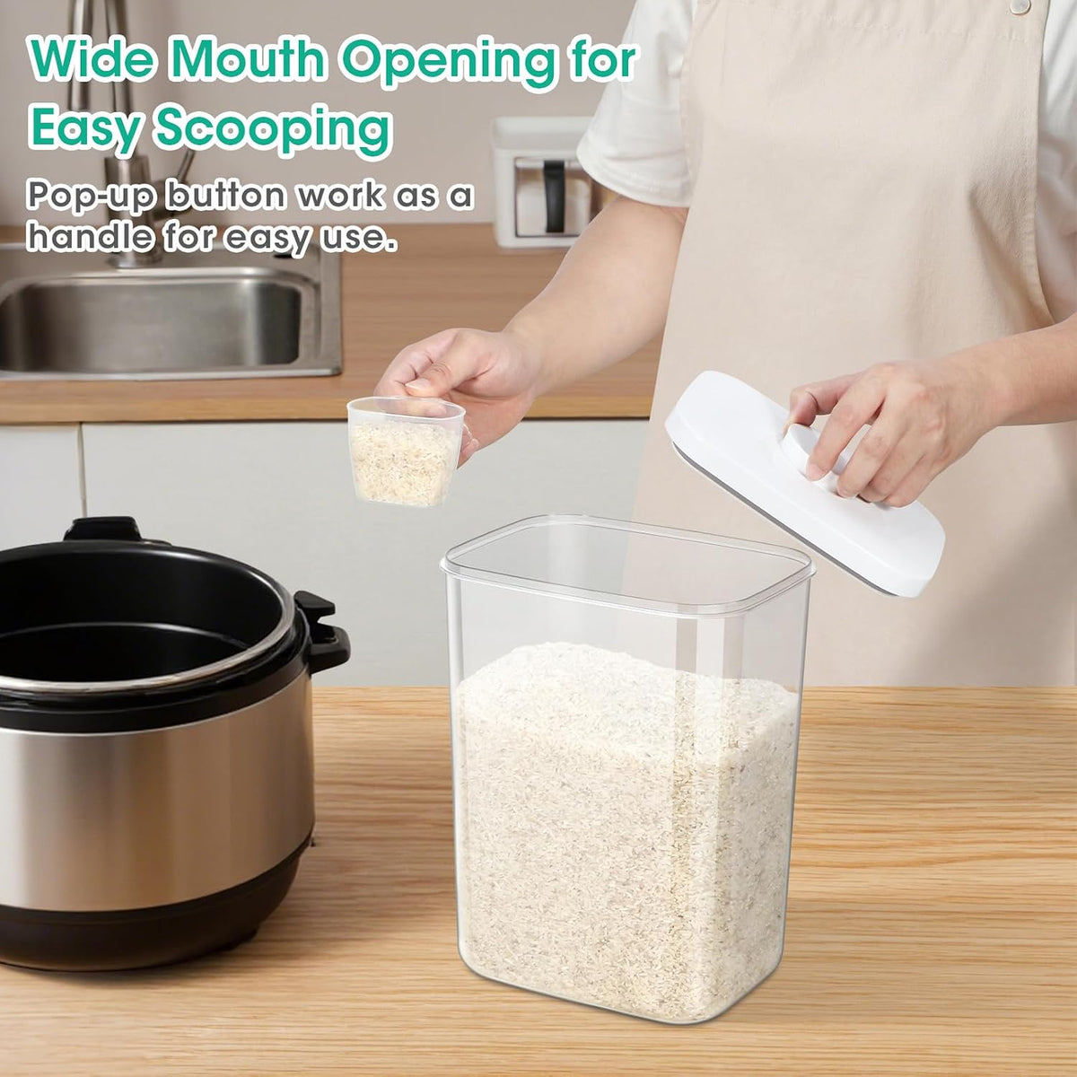 TBMax Large Airtight Food Container 5.28 Qt with Pop Up Lid & Measuring Cup, Ideal for 10 Lbs of Rice or 7 Lbs of Flour, Square Short Food Storage Bin for Kitchen Pantry and Drawer Organization