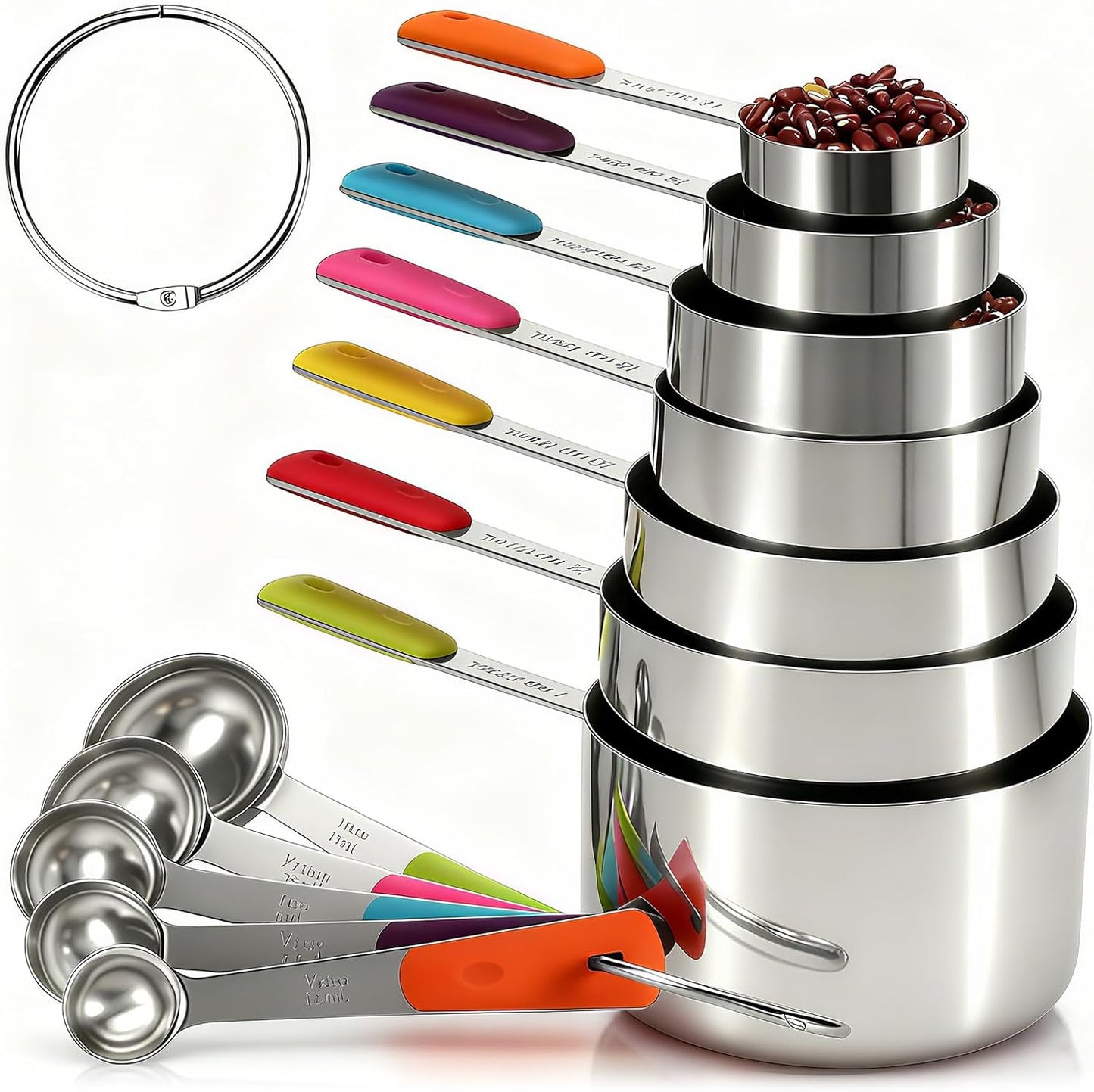 Bopei Measuring Cups and Spoons Set Stainless Steel 10 Piece for Cooking and Baking (5 Cups + 5 Spoons, Colorful Handles)