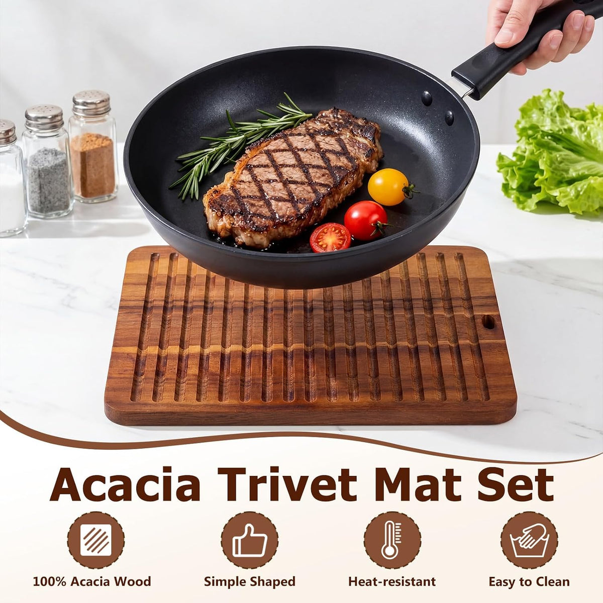 12 x 9 Inches Acacia Wood Trivet Mat Thicken Wooden Hot Pads Trivets Heat Resistant Non Slip Pads for Table Countertop Hot Dishes Holder Pot Bowl Teapot Kitchen Counter Protector