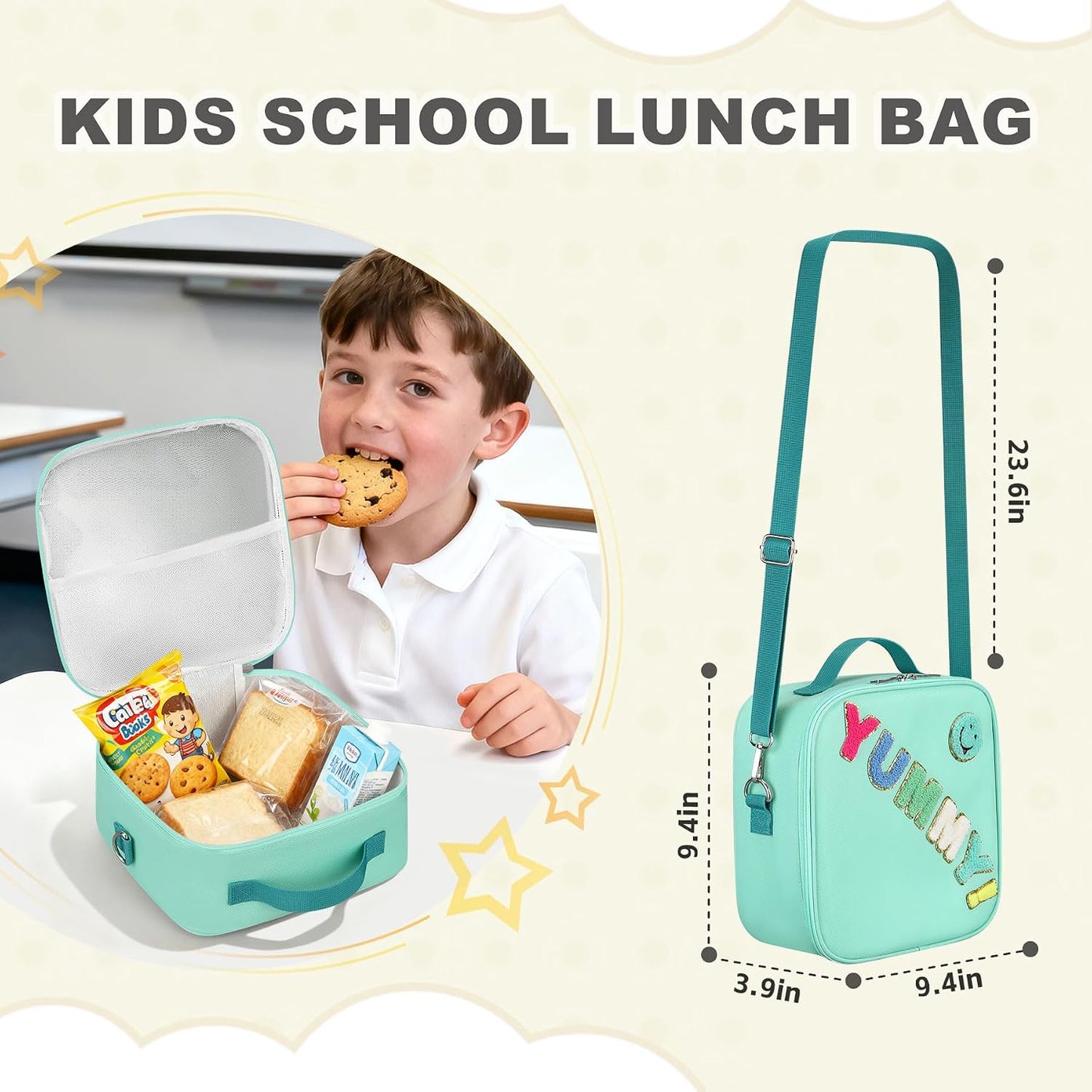 Kids Lunch Box for Kids Insulated Reusable Lunch Bag Tote Durable Children Leak-proof Lunchbox with Adjustable Shoulder Strap for School Daycare Travel Picnic (Navy - 3D Dinosaur)